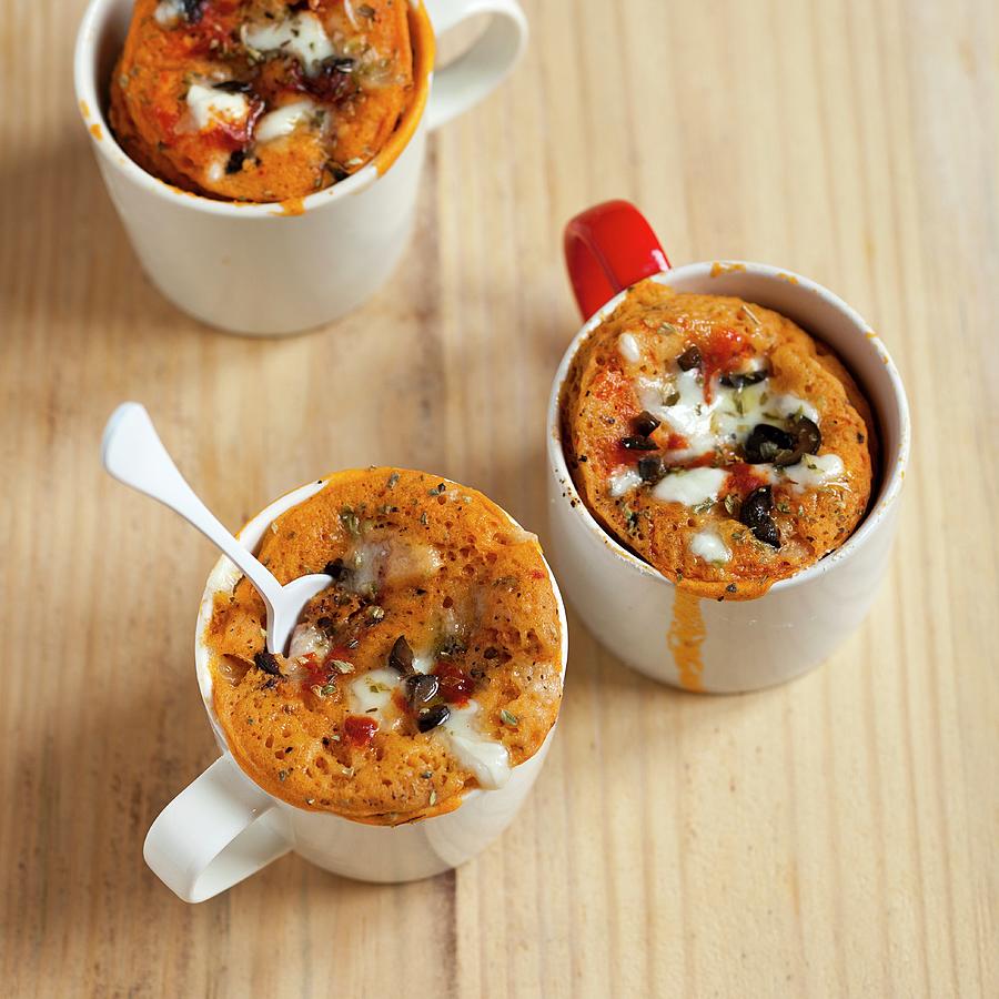 Savoury Pizza Mug Cakes With Olives, Tomato And Cheese Photograph by Akiko Ida