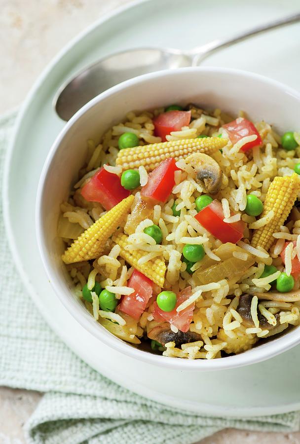 Savoury Rice With Mushrooms And Baby Sweetcorn Photograph by Jonathan Short