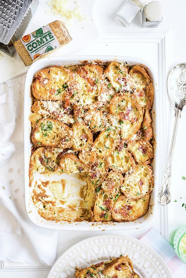 Savoury Tray Bake With Croissants And Comt Cheese seen From Above Photograph by Lucy Parissi