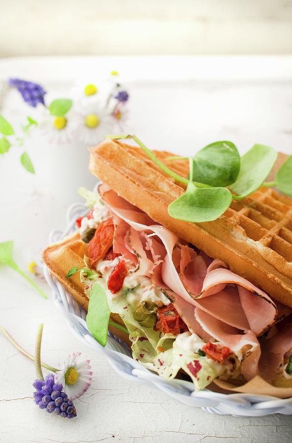 Savoury Waffle With Ham, Tomatoes And Cheese Photograph by Hallet