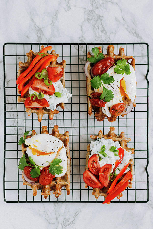 Savoury Waffled With Poached Eggs And Vegetables Photograph by Monika Rosa