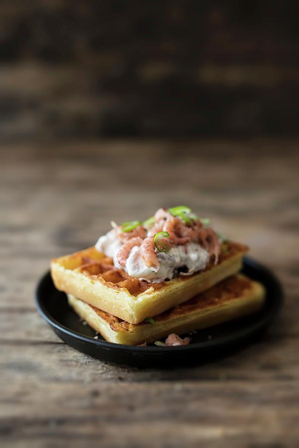 Savoury Waffles With North Sea Shrimps Photograph by Jan Wischnewski
