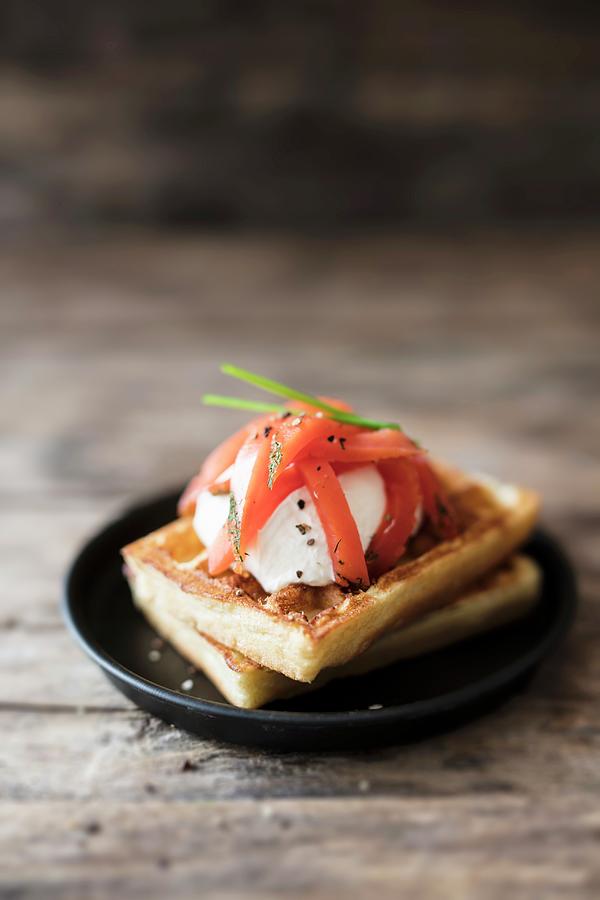 Savoury Waffles With Pickled Salmon And Creme Fraiche Photograph by Jan Wischnewski
