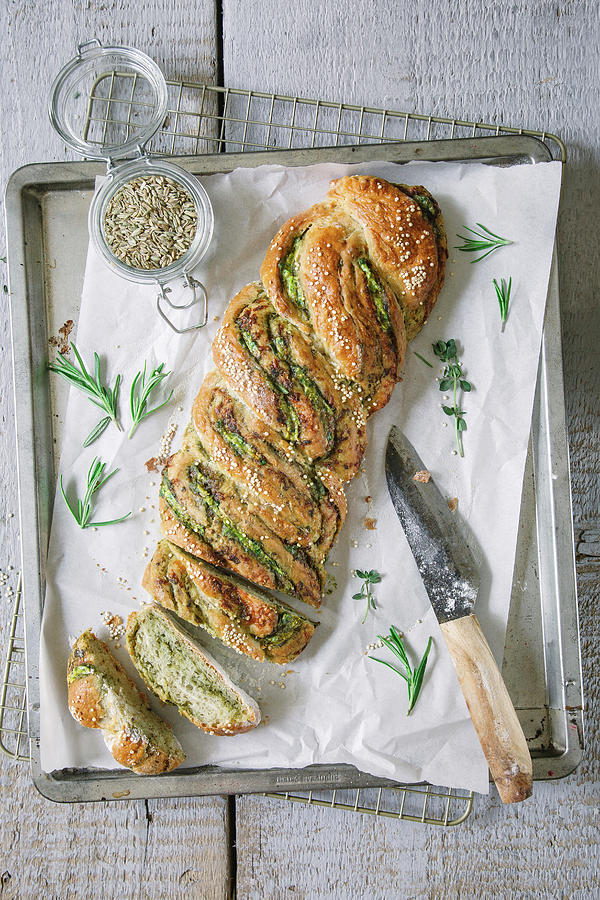 Savoury Yeast Bread With Pesto And Herbs On A Baking Sheet top View Photograph by Denise Rene Schuster