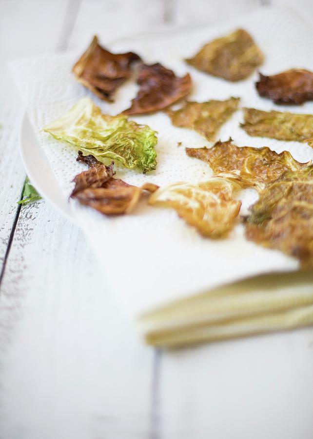 Savoy Cabbage Crisps On A Sheet Of Kitchen Roll Photograph by Sabine Steffens