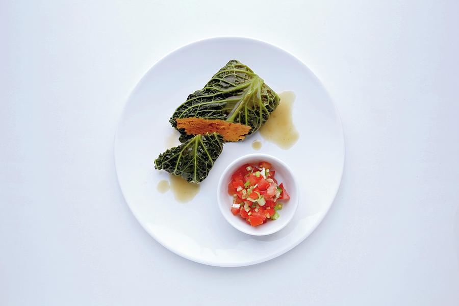 Savoy Cabbage Roulade With A Sweet Potato Filling And Nutmeg Flowers Photograph by Jalag / Stefan Bleschke