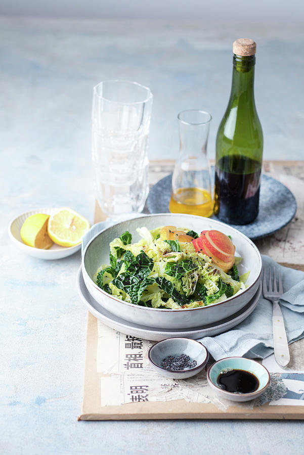 Savoy Cabbage Salad With Apples, Black Sesames Seeds And A Lemon And Soya Dressing asia Photograph by Angelika Grossmann