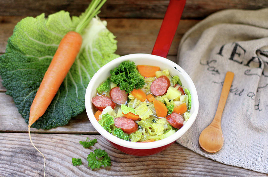 Savoy Cabbage Stew With Carrots And Smoked Sausage Photograph by Sylvia E.k Photography
