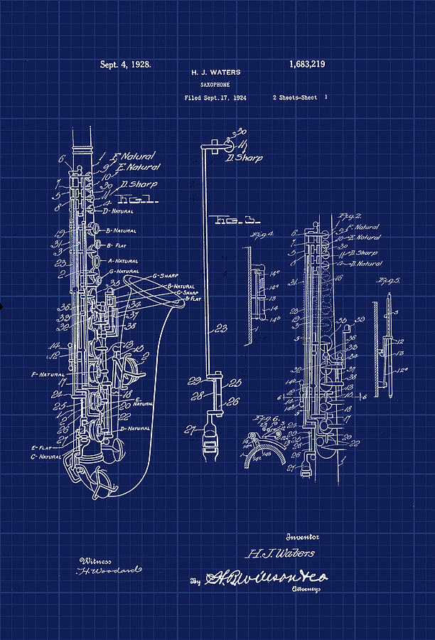 Saxophone Patent Cad Drawing Digital Art by Carlos Diaz