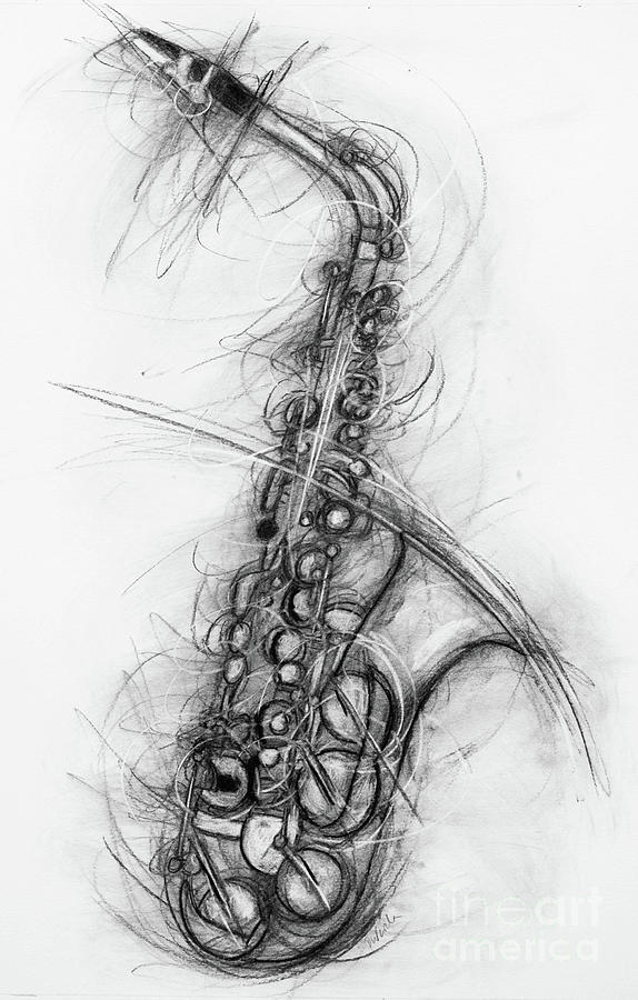 Saxophone  Charcoal On Paper Painting by Penny Warden