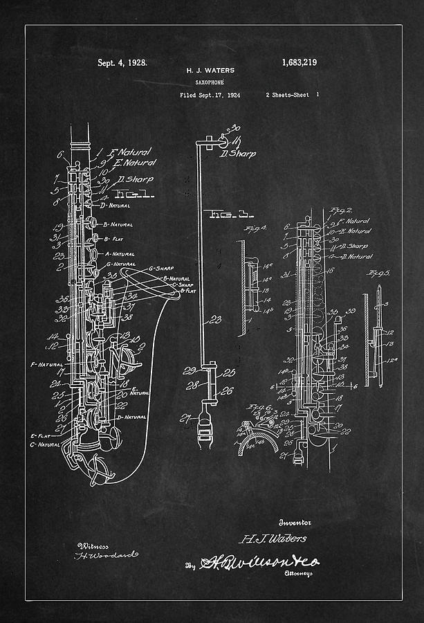 Saxophone Patent Drawing From 1928 Digital Art by Carlos Diaz