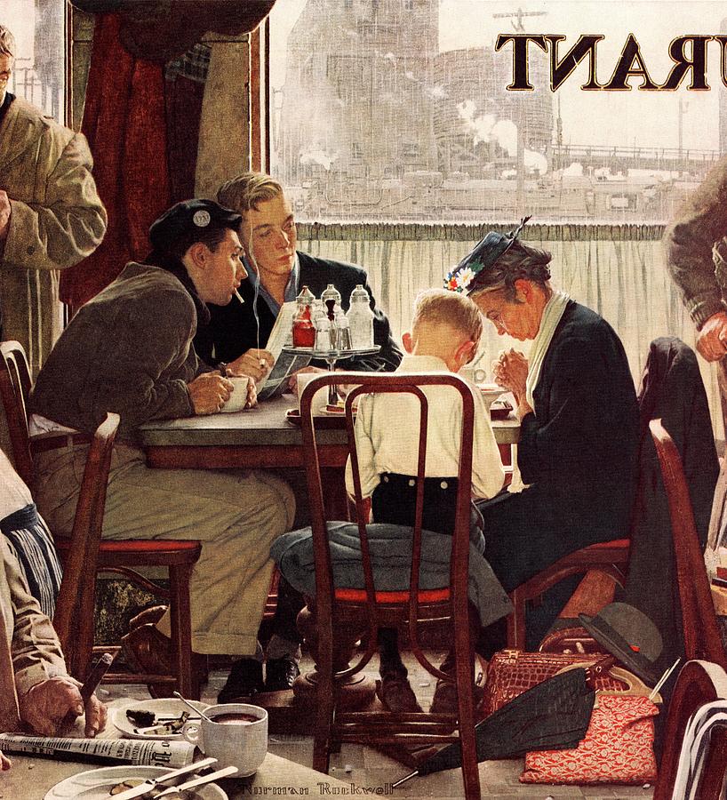 Eating Drawing - Saying Grace by Norman Rockwell