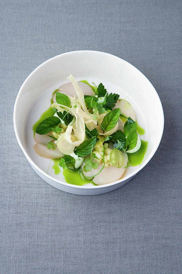 Scallop And Lime Tataki With Root Parsley And Mint Oil Photograph by Michael Wissing