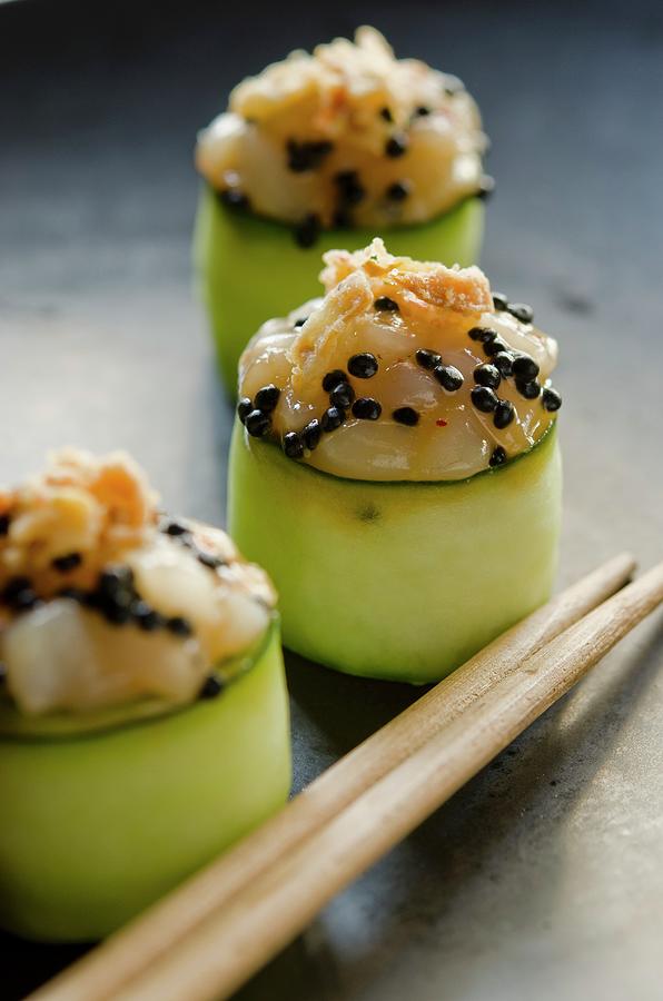 Scallop And Sesame Seeds Rolled In Strips Of Courgette asia Photograph by Lanneretonne, Anthony