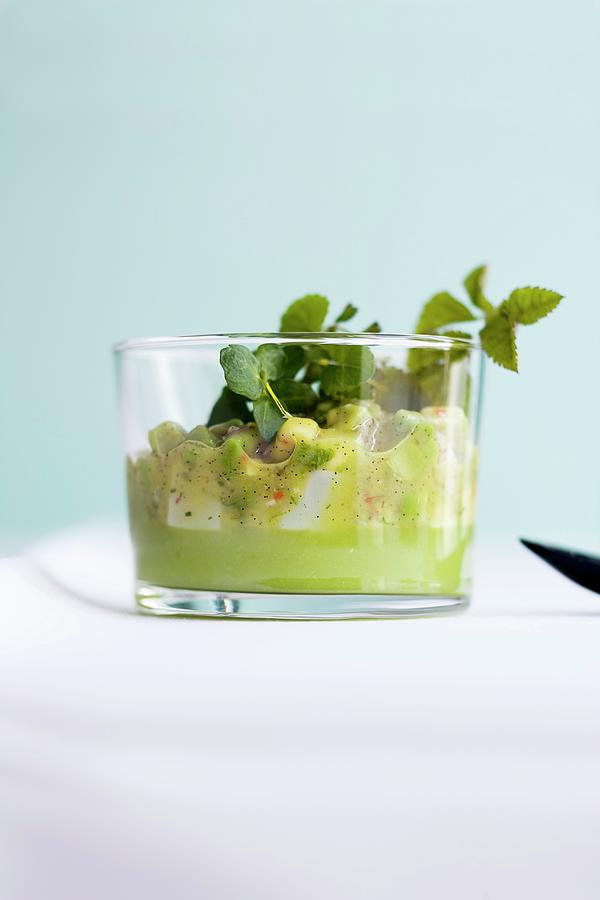 Scallop And Vanilla Ceviche With Avocado And Coconut Jelly In A Glass Photograph by Michael Wissing