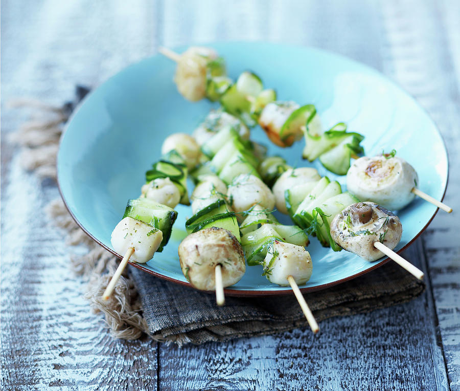 Scallop, Mushroom And Cucumber Brochettes Photograph by Roche
