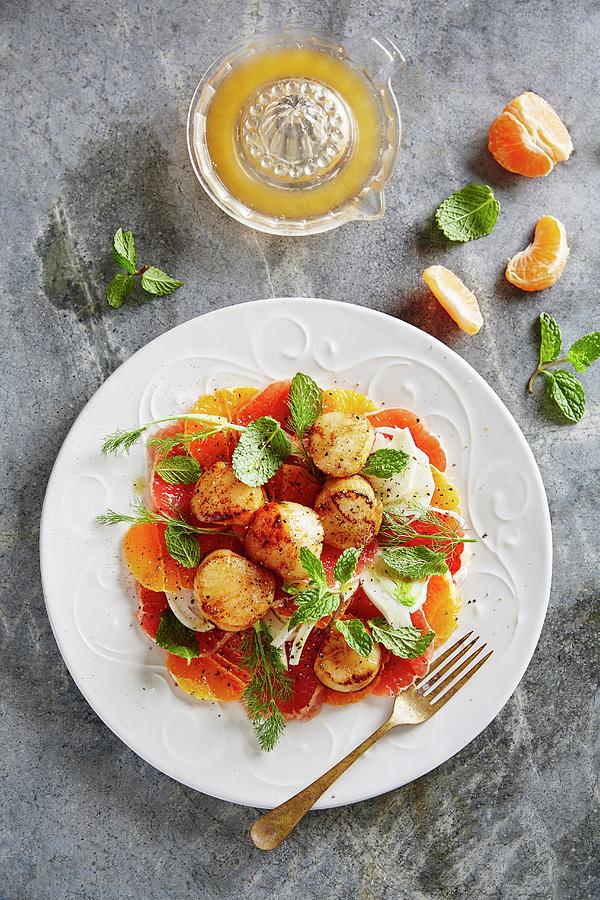 Scallops With A Clementine Glaze On A Fennel And Grapefruit Salad Photograph by Great Stock!