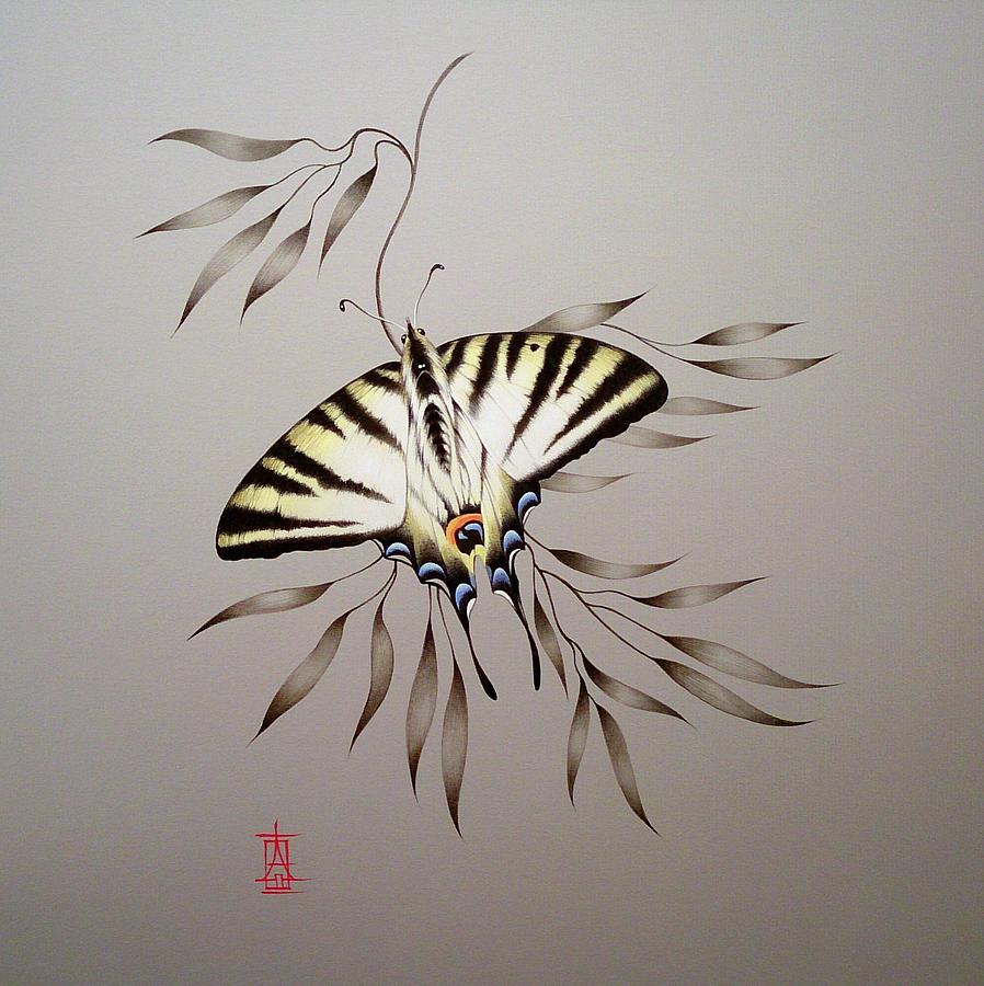 Scarce Swallowtail on Bamboo Painting by Alina Oseeva