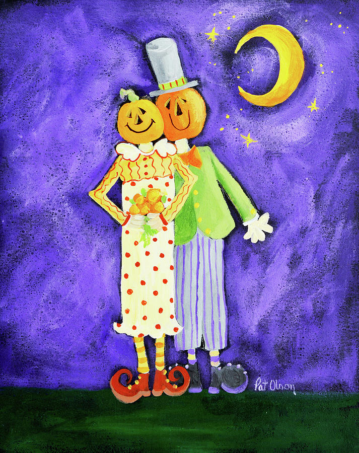Fall Painting - Scarecrow Pumpkin Head Couple by Pat Olson Fine Art And Whimsy