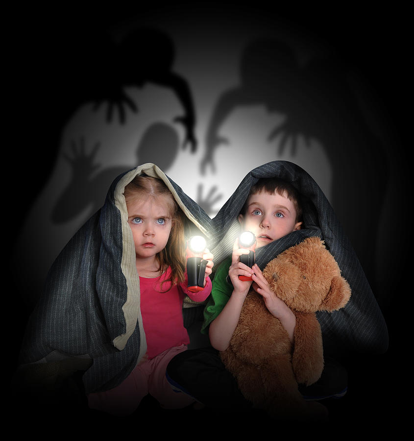 Scared Children Looking At Night Shadows Photograph by Angela Waye