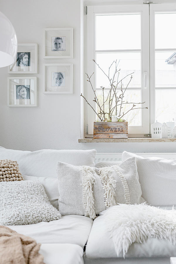 Scatter Cushions With Different Textures In White Living Room Photograph by Christel Harnisch