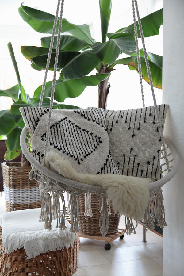 Scatter Cushions With Ethnic Patterns In Hanging Chair In Front Of Banana Trees Planted In Baskets Photograph by Sonja Zelano