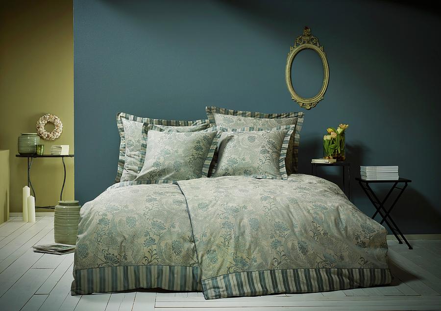Scatter Cushions With Flanged Edges On Bed In Blue And Green Bedroom Photograph by Michael Lffler