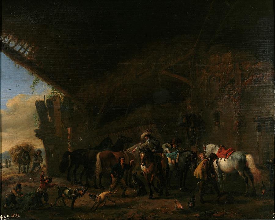 Scene in front of an Inn, ca. 1660, Dutch School, Oil on panel, 37 cm x 47... Painting by Philips Wouwerman -1619-1668-