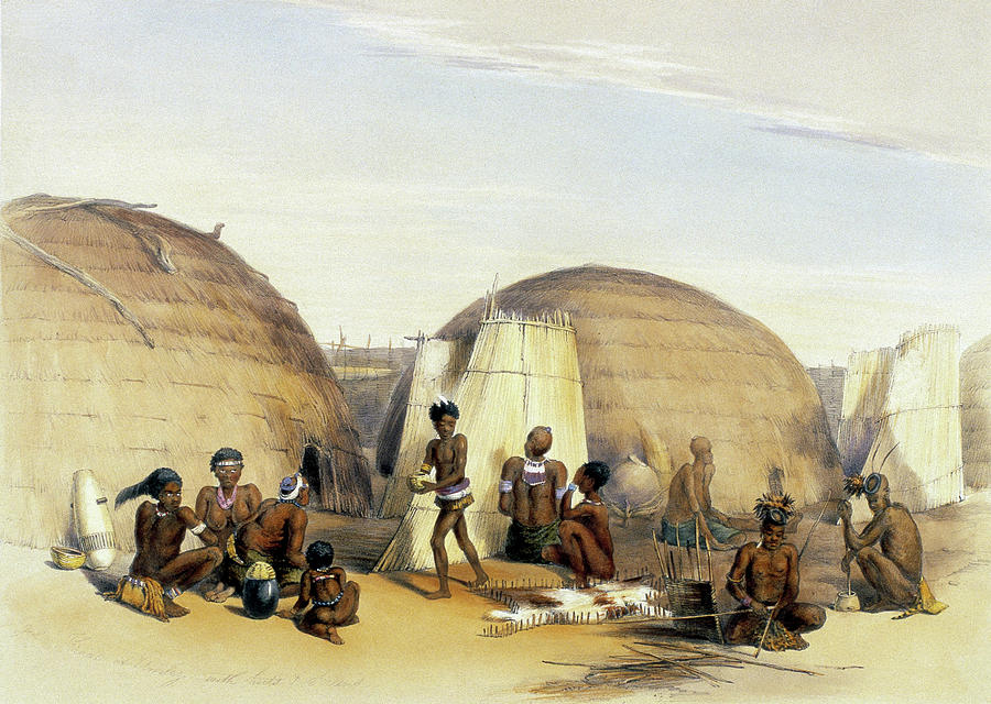 Scene in Zulu kraal at Umlazi from G.F.Angas. Image taken from the Kafirs Illustrated, 1849. Painting by George French Angas -1822-1886-