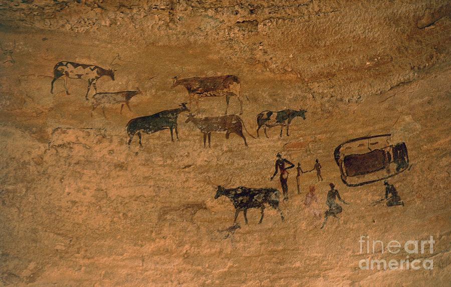 Prehistoric Photograph - Scene Of Daily Life With Livestock, Rock Art, Algeria, Neolithic by Prehistoric