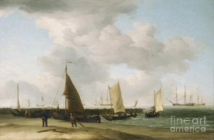 Boat Painting - Scene On The Shore, With A War Building On The Horizon by Charles Brooking