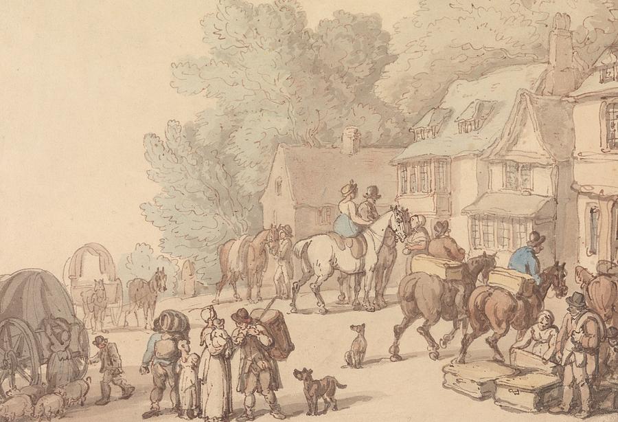 Scene Outside an Inn Drawing by Thomas Rowlandson
