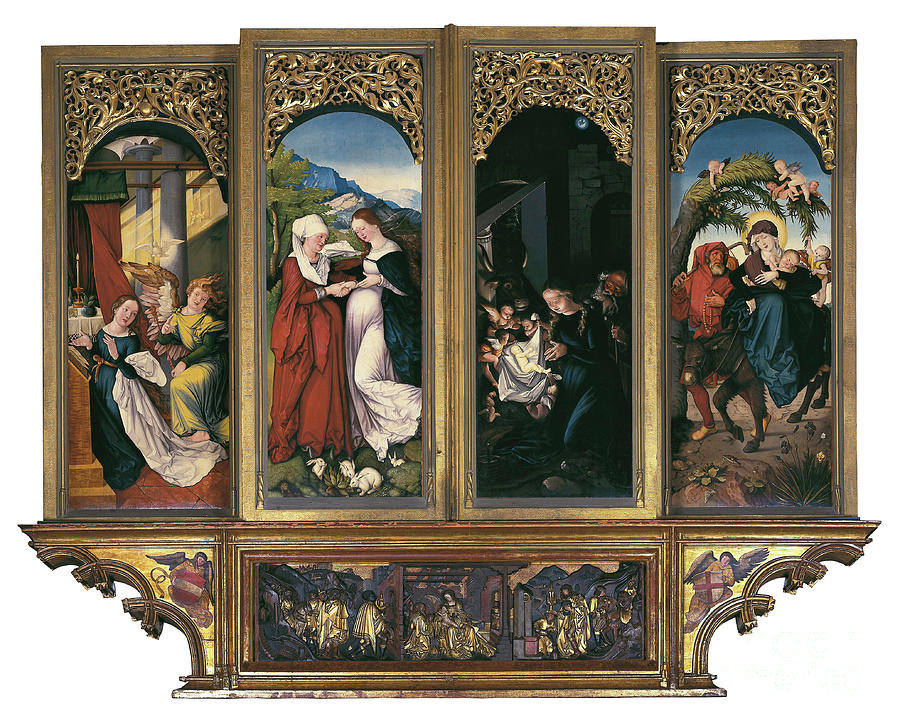 Scenes From The Life Of The Virgin: The Annunciation, The Visitation, The Nativity And The Flight Into Egypt. Painting On Wood By Hans Baldung Dit Grien Painting by Hans Baldung Grien