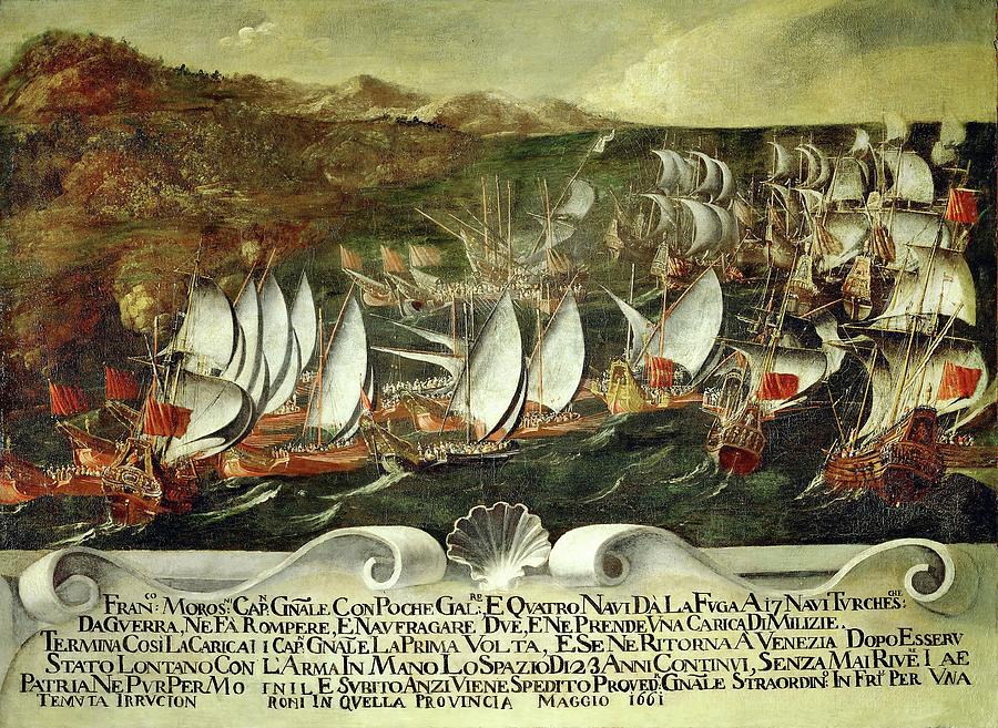 Scenes of the naval battles of Francesco Morosini, -1618-1694-, May 1661. Painting by School Venetian