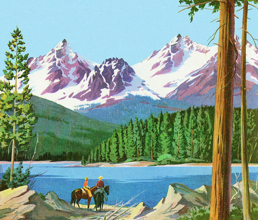 Nature Drawing - Scenic Mountains And People on Horses by CSA Images