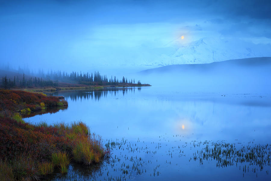 Scenic View Of The Moonset Over Denali Photograph by Steve Zmak