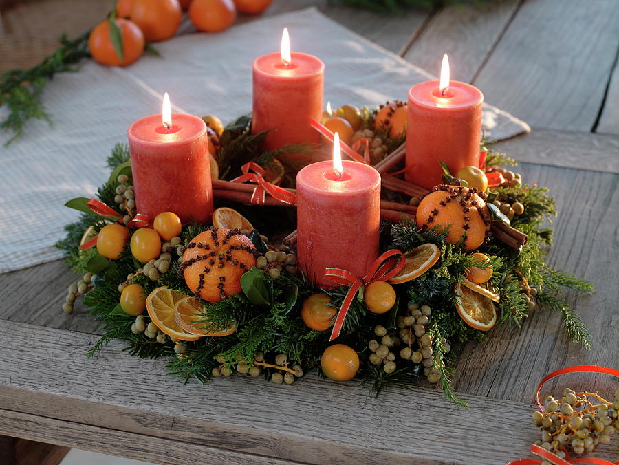 Scented Advent Wreath Of Mixed Coniferous Green And Ilex Photograph by Friedrich Strauss