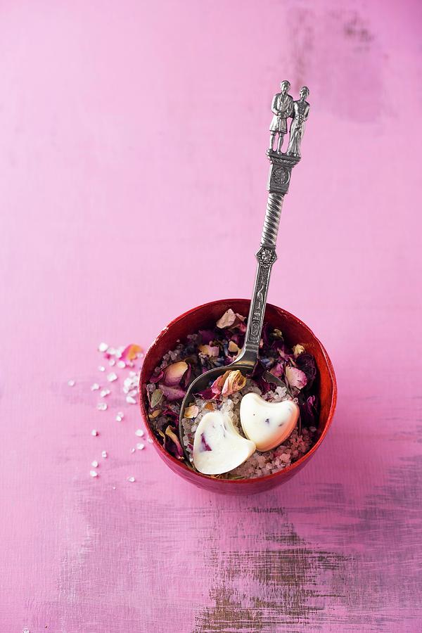 Scented Bathing Salt With Rose Petals Photograph by Mandy Reschke