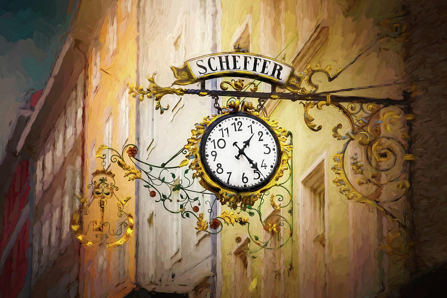 Clock Photograph - Scheffer Clock and Store Sign Salzburg Austria  by Carol Japp