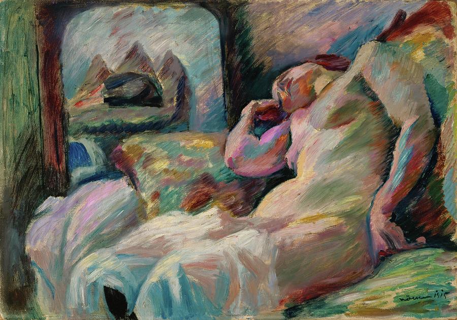 Schlafender weiblicher Akt vor einem Spiegel -Sleeping nude in front of a mirror-. -1915-. Painting by Franz Noelken