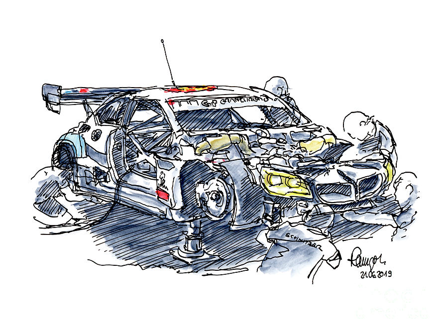 Car Drawing - Schnitzer BMW M6 GT3 Racecar Ink Drawing and Watercolor by Frank Ramspott