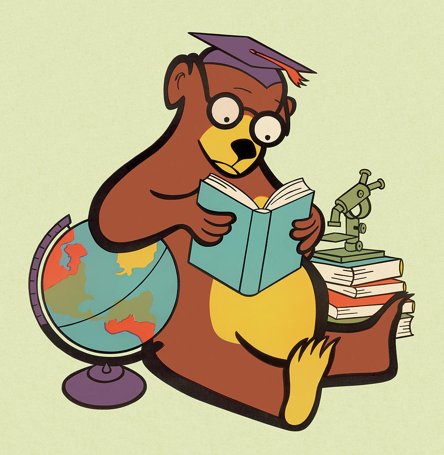 Vintage Drawing - Scholarly Bear Reading by CSA Images