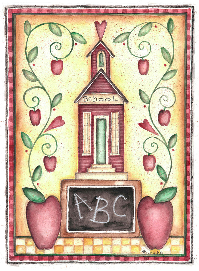 Apple Painting - School Abc Primitive by Shelly Rasche