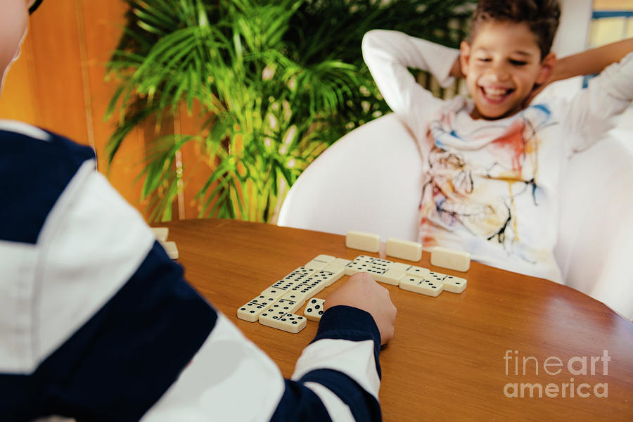Toy Photograph - Schoolboys Playing Dominoes by Microgen Images/science Photo Library