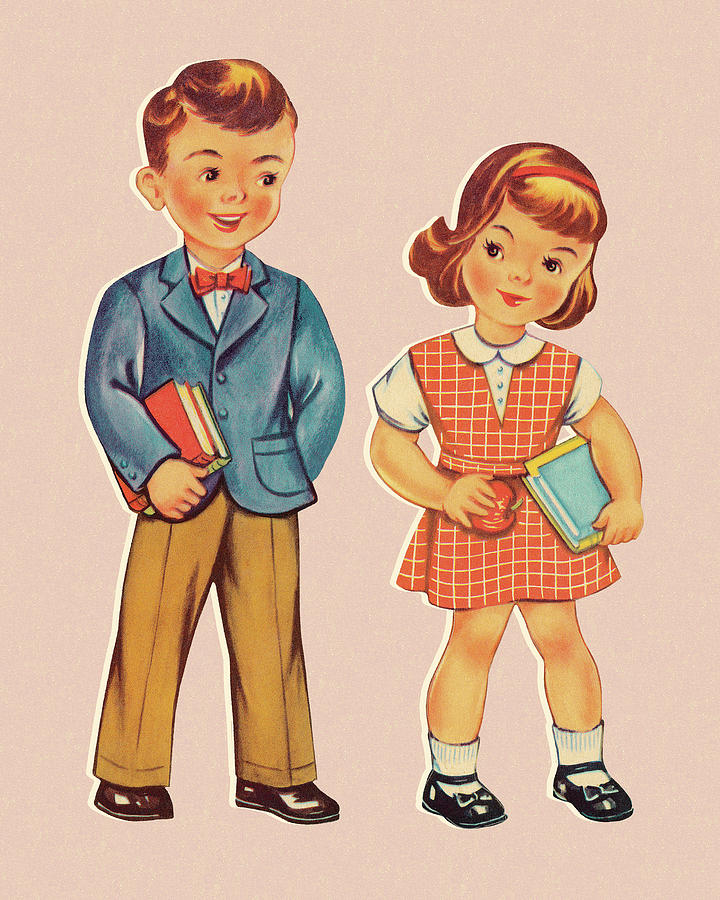 Vintage Drawing - Schoolgirl and Boy by CSA Images