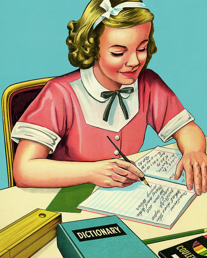 Vintage Drawing - Schoolgirl Doing Homework by CSA Images