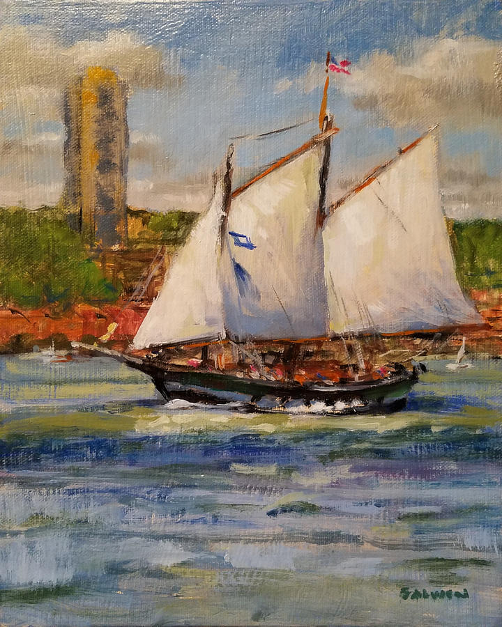 Schooner Mystic Whaler Cruising the Hudson  Painting by Peter Salwen