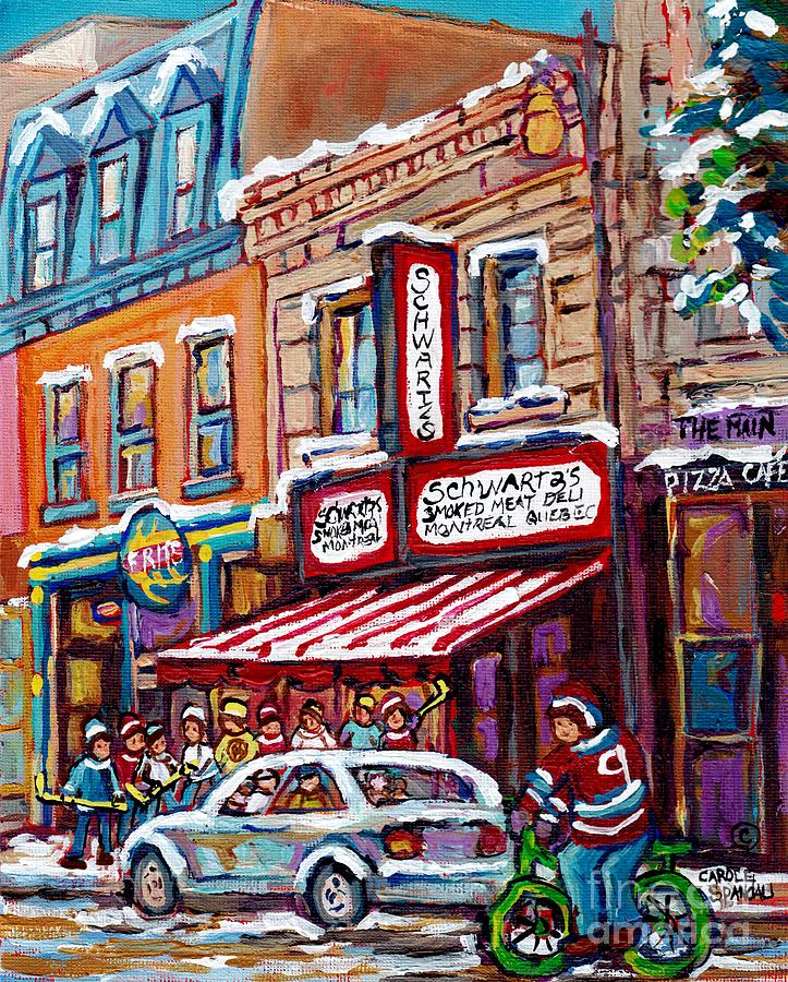 Schwartz Smoked Meat Sandwich Winter Scene Deli Arts Hungry Hockey Kids Biking Along Main Street  Painting by Carole Spandau