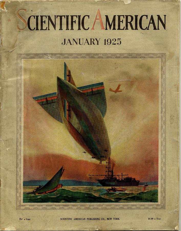 Scientific Painting - Scientific American Cover from 1925 showing a dirigible docking to a ship at sea. by 