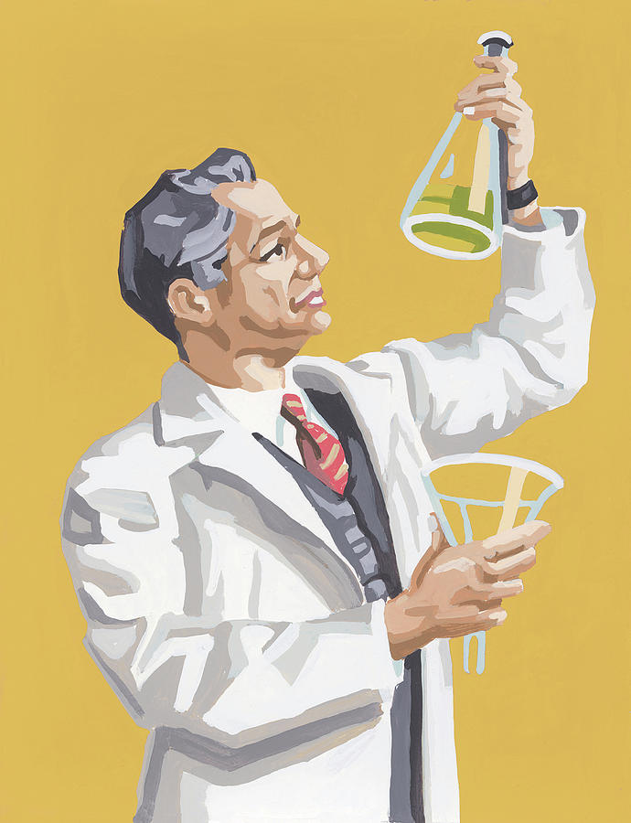 Vintage Drawing - Scientist Looking at a Chemical in a Flask by CSA Images